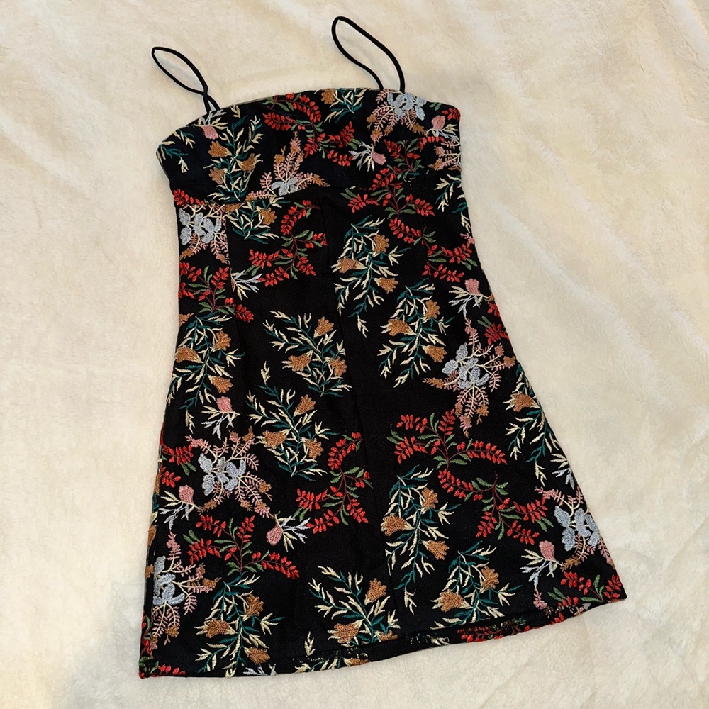 Embroidered Floral Black Mini Dress
